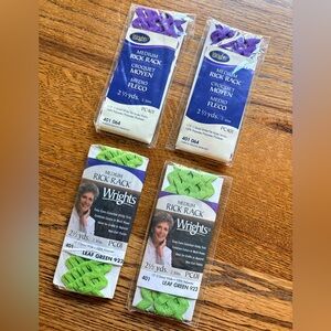 4 packs Wrights Medium Rick Rack in Leaf Green and purple- 2.5 yd increments